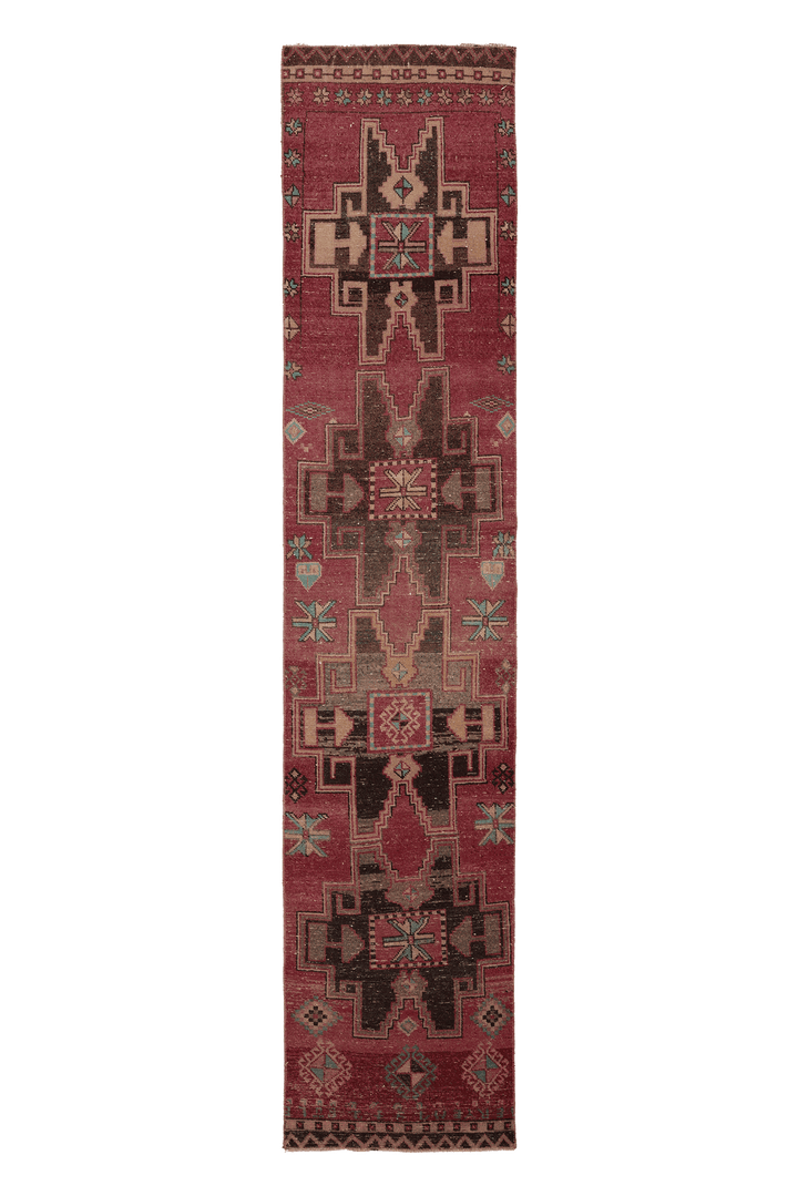 Vintage Malatya Turkish Runner Rug 3x11 ft — Red & Brown Geometric