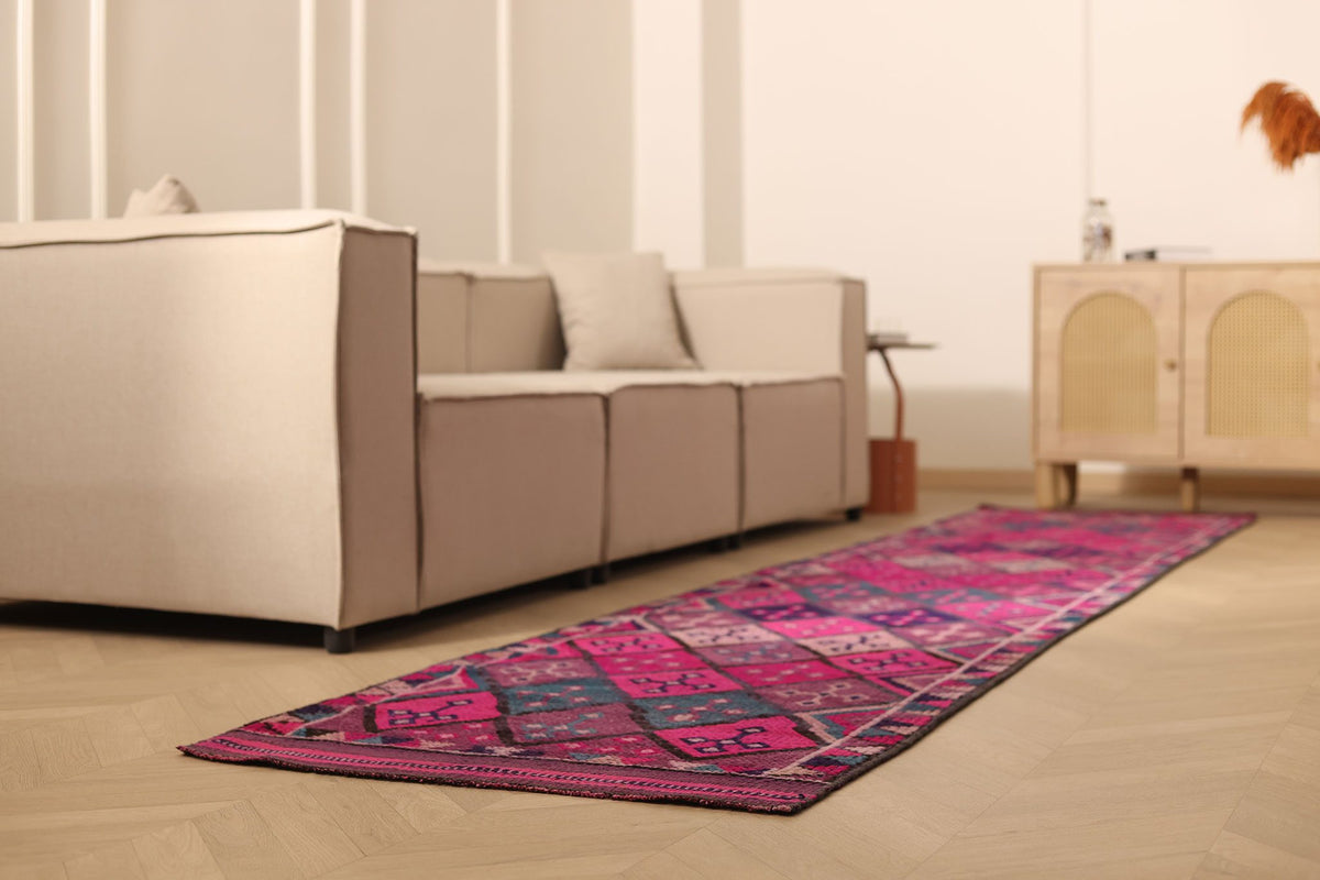 Vintage Southeastern Persian Style Runner Rug 3x13 ft — Pink & Blue Geometric