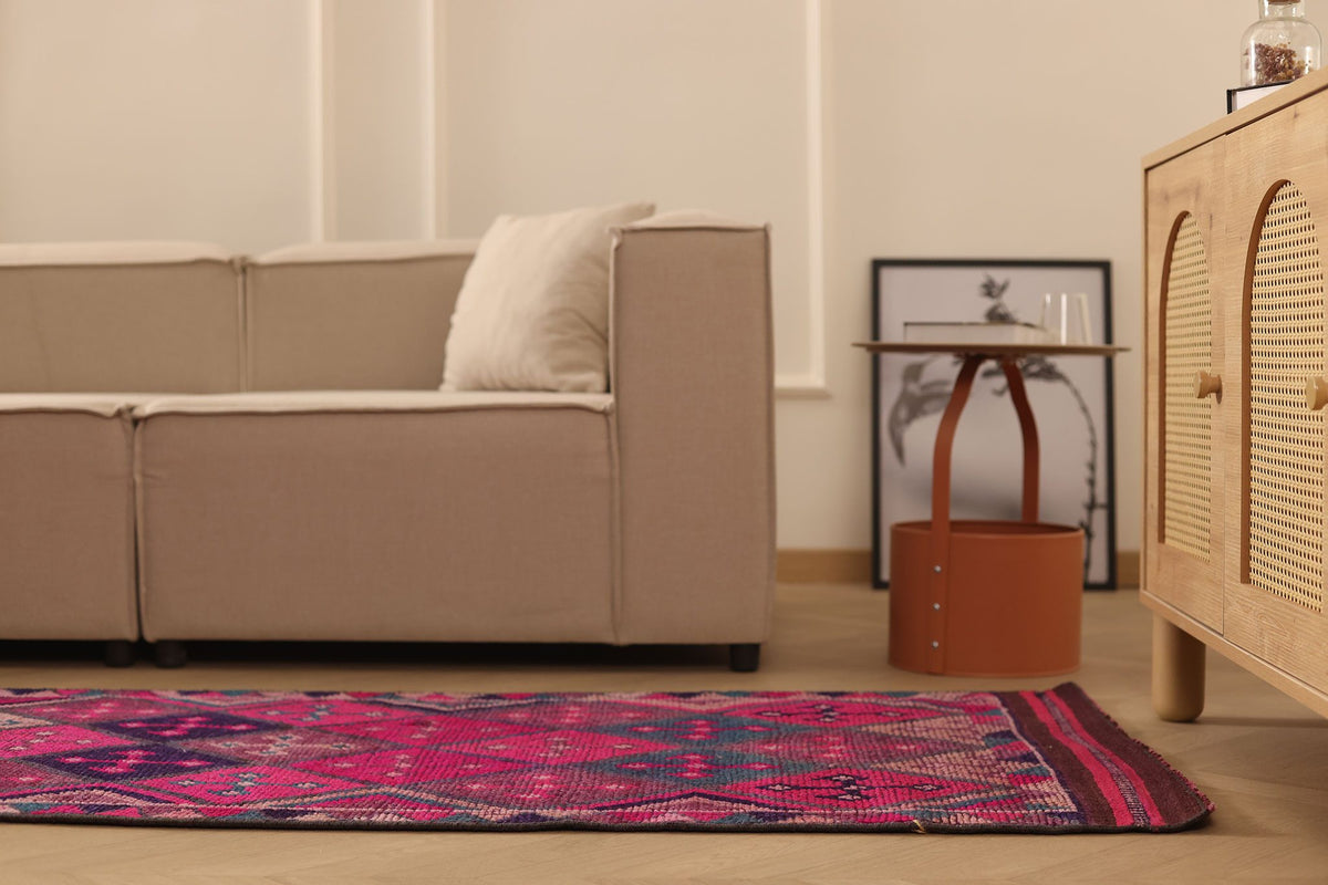 Vintage Southeastern Persian Style Runner Rug 3x13 ft — Pink & Blue Geometric