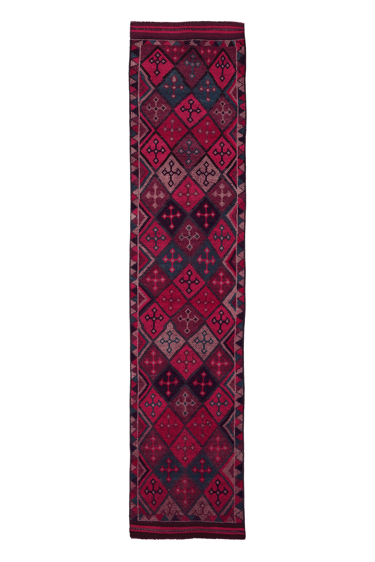 Vintage Southeastern Persian Style Runner Rug 3x13 ft — Pink & Blue Geometric