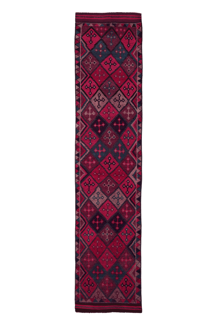 Vintage Southeastern Persian Style Runner Rug 3x13 ft — Pink & Blue Geometric
