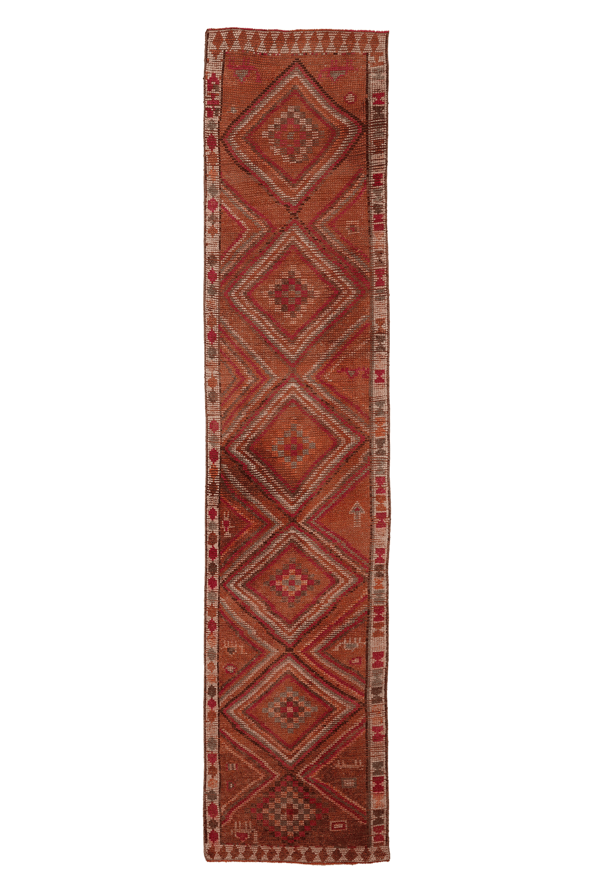 Vintage Southeastern Persian Style Runner Rug 3x13 ft — Brown & Red Geometric