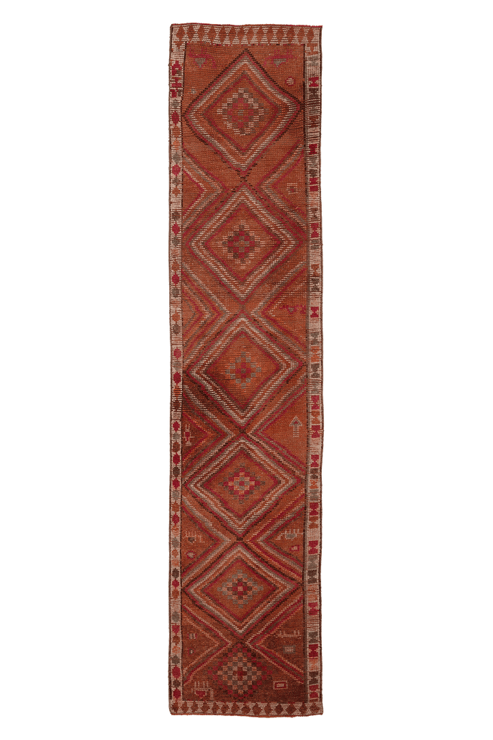 Vintage Southeastern Persian Style Runner Rug 3x13 ft — Brown & Red Geometric