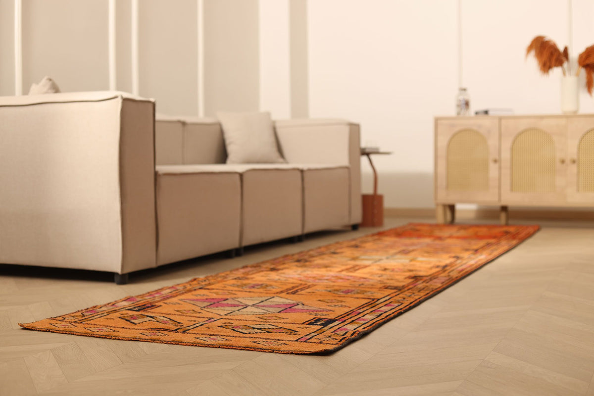 Vintage Southeastern Persian Style Runner Rug 3x13 ft — Orange & Brown Geometric