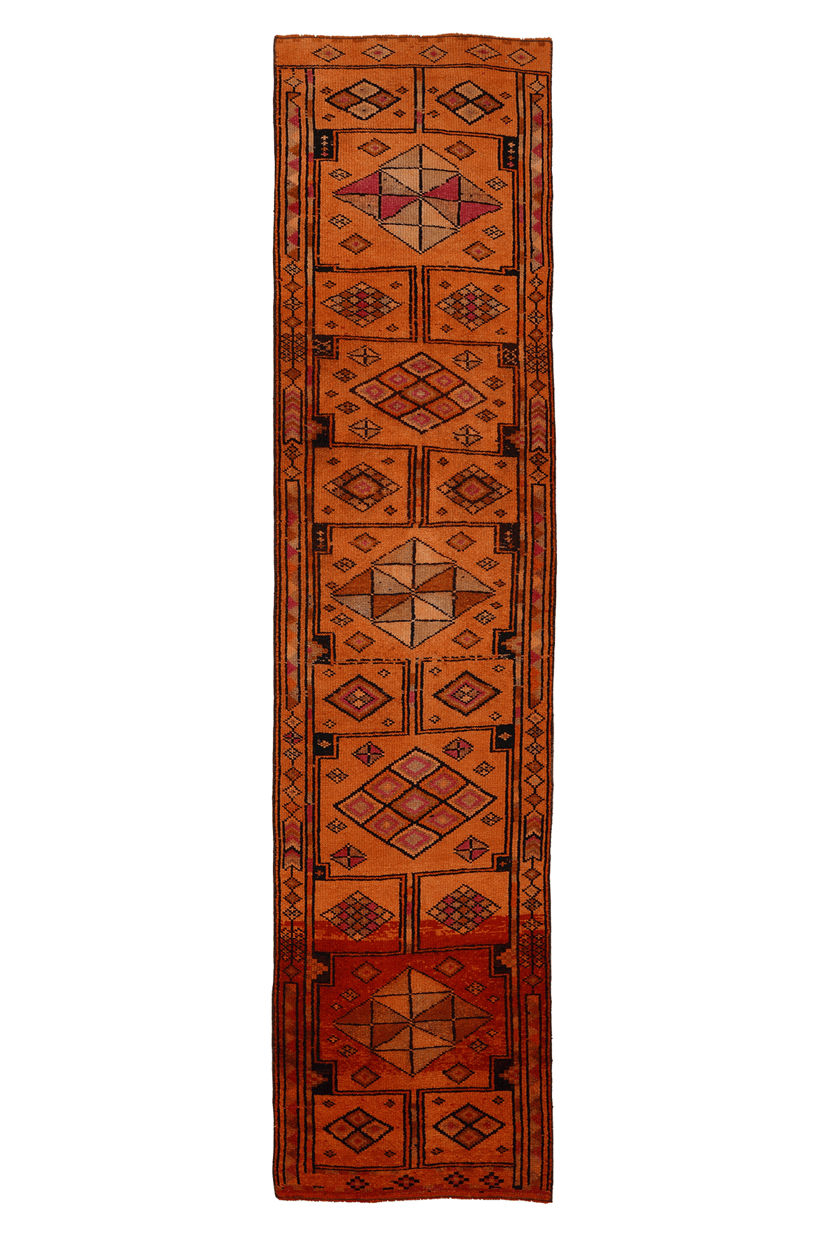 Vintage Southeastern Persian Style Runner Rug 3x13 ft — Orange & Brown Geometric