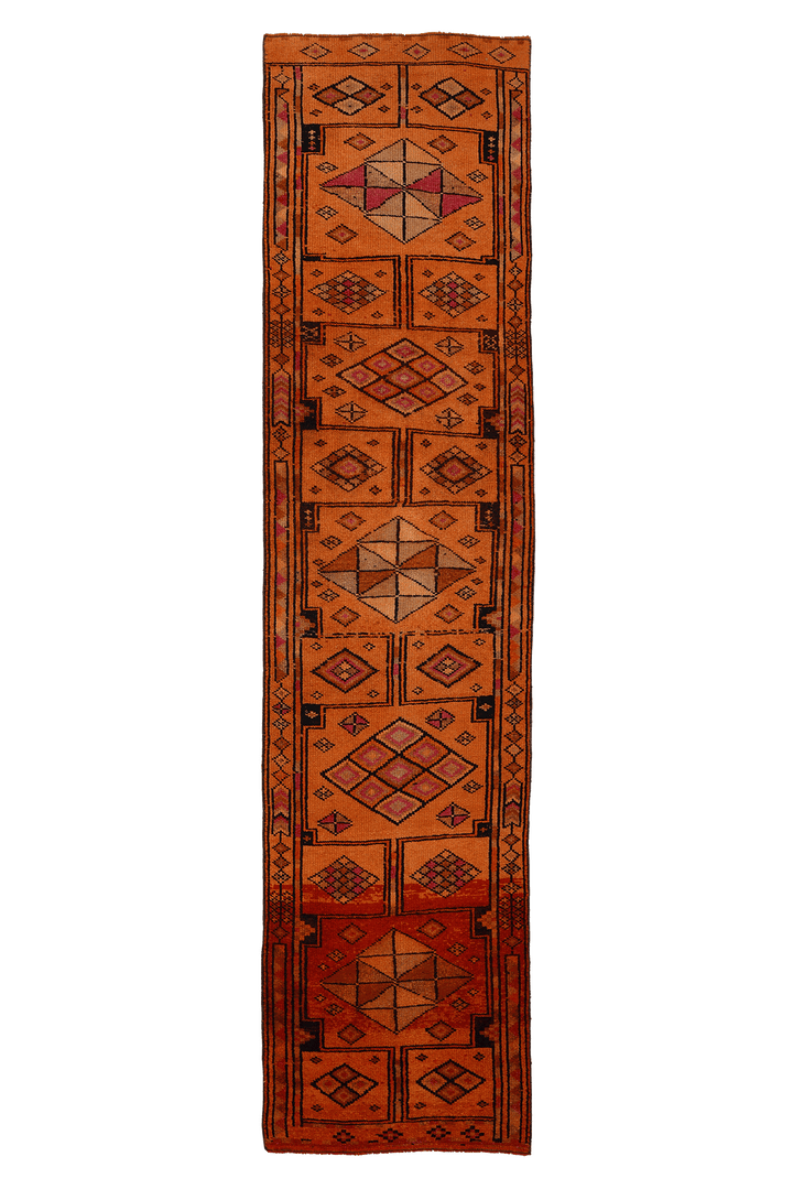 Vintage Southeastern Persian Style Runner Rug 3x13 ft — Orange & Brown Geometric