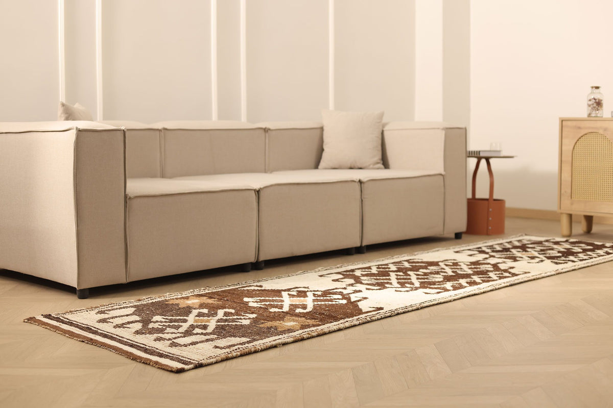 Vintage Southeastern Persian Style Runner Rug 3x12 ft — Brown & Beige Geometric