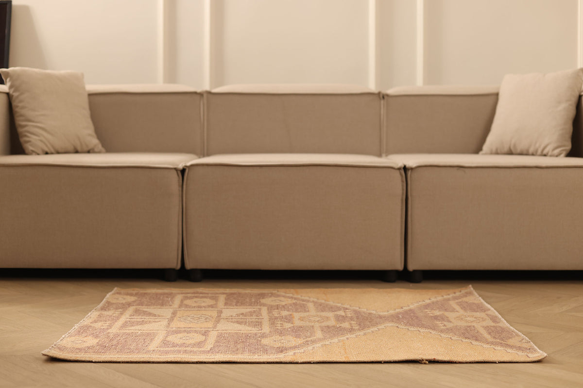 Vintage Malatya Turkish Doormat 3x3 ft — Beige & Brown Geometric
