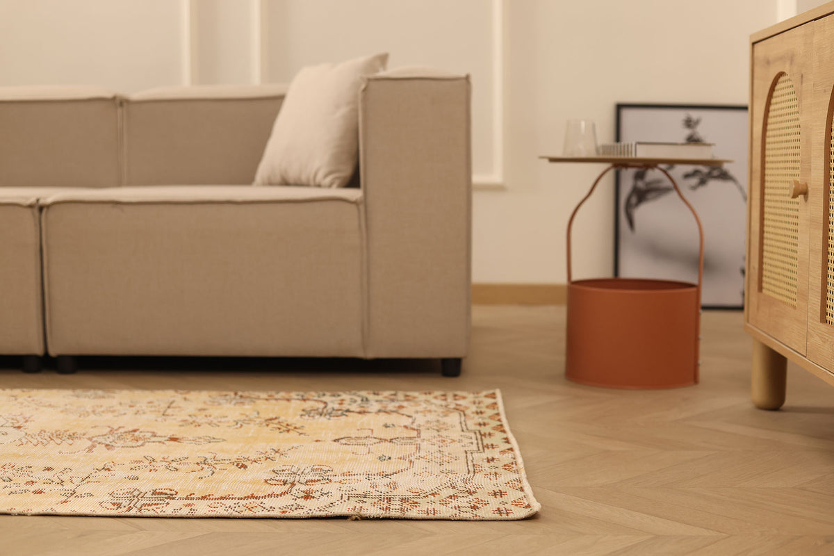 Vintage Manisa Turkish Area Rug 3x4 ft — Beige Distressed