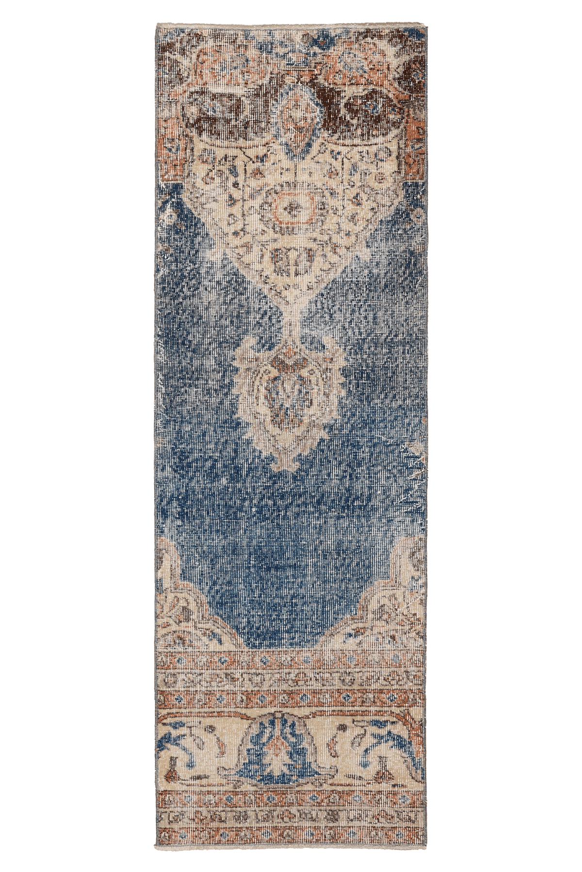 Vintage Isparta Turkish Runner Rug 2x6 ft — Blue & Beige Distressed