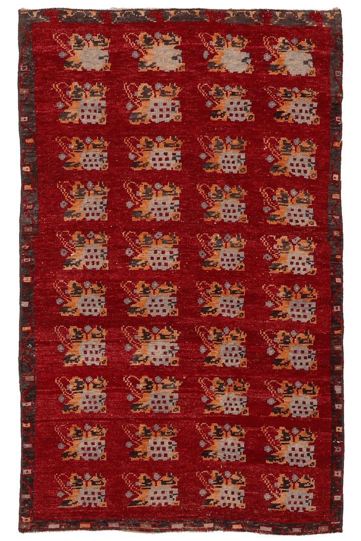 Vintage Konya Turkish Runner Rug 3x5 ft — Red & Orange Floral