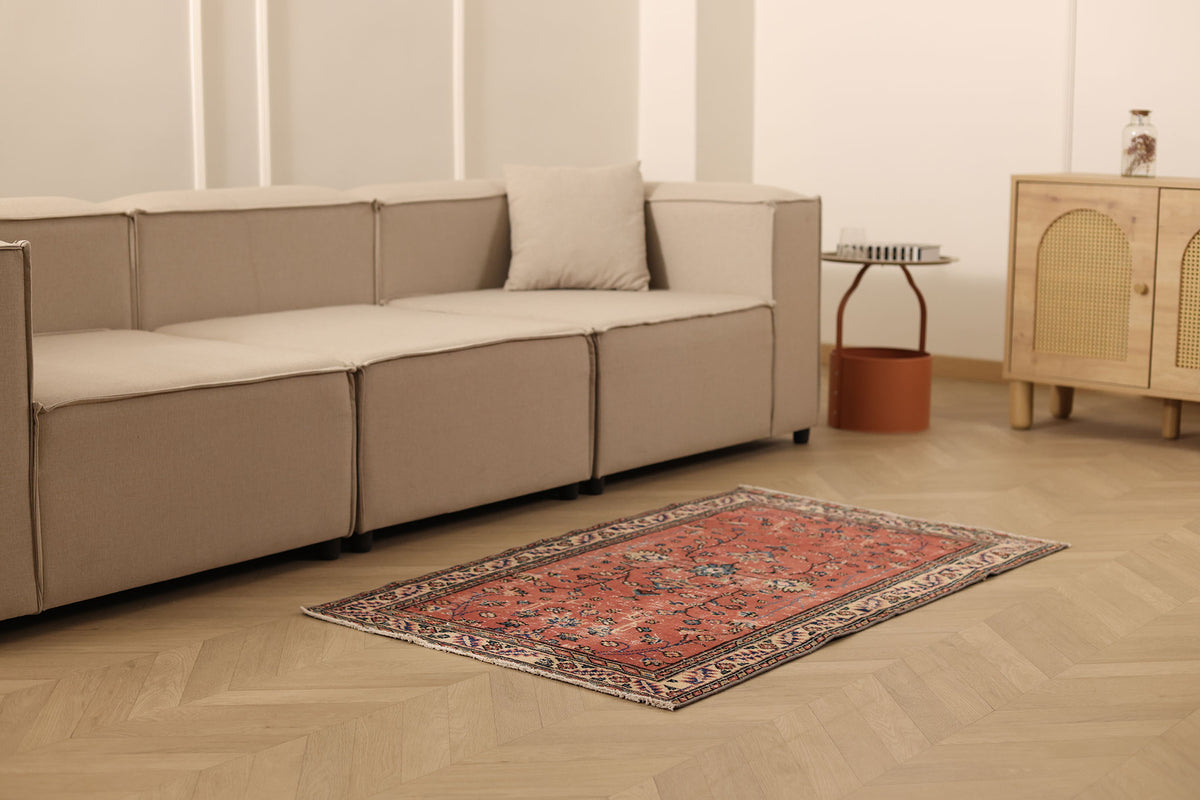 Vintage Isparta Turkish Runner Rug 2x4 ft — Red & Beige Floral