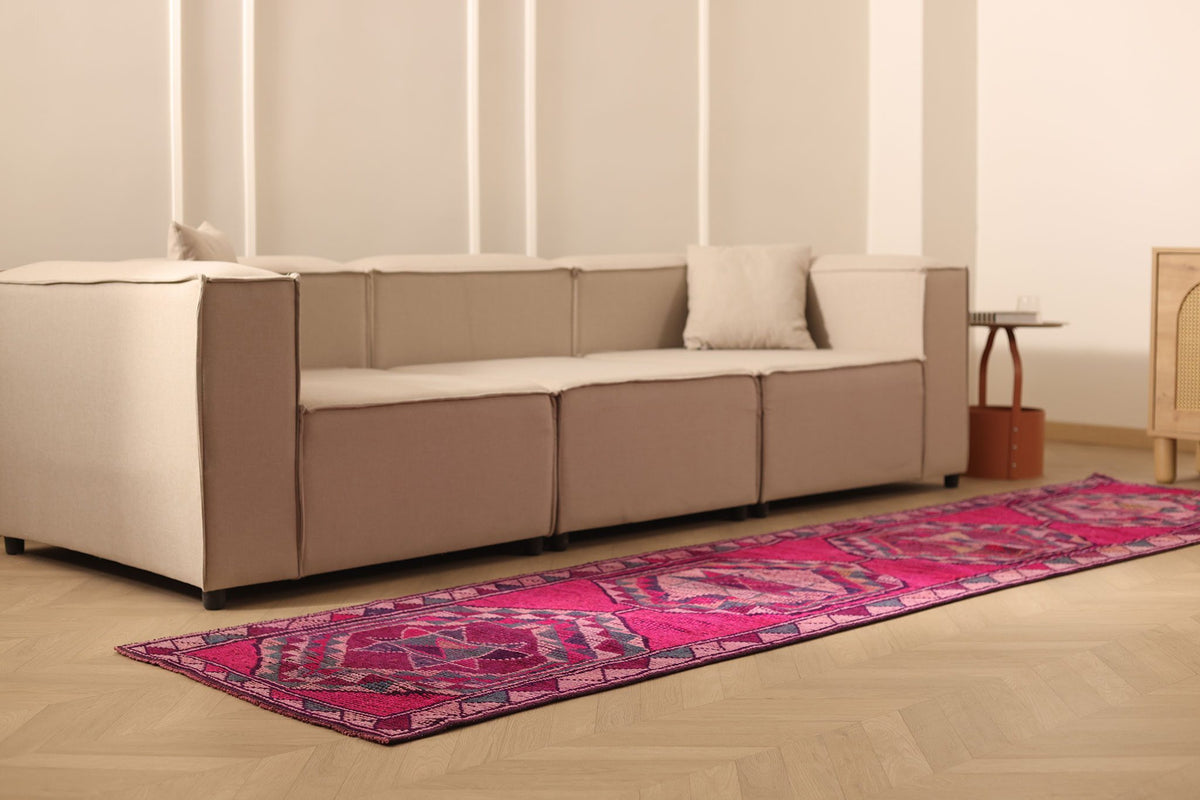 Vintage Southeastern Persian Style Runner Rug 3x11 ft — Red & Pink Geometric
