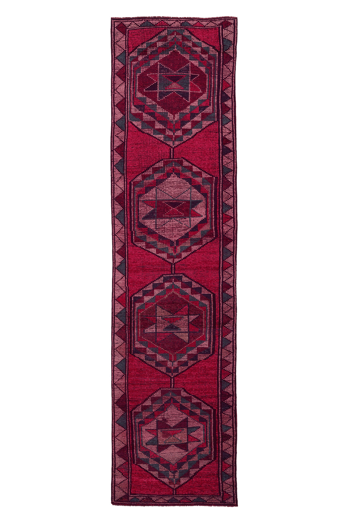 Vintage Southeastern Persian Style Runner Rug 3x11 ft — Red & Pink Geometric