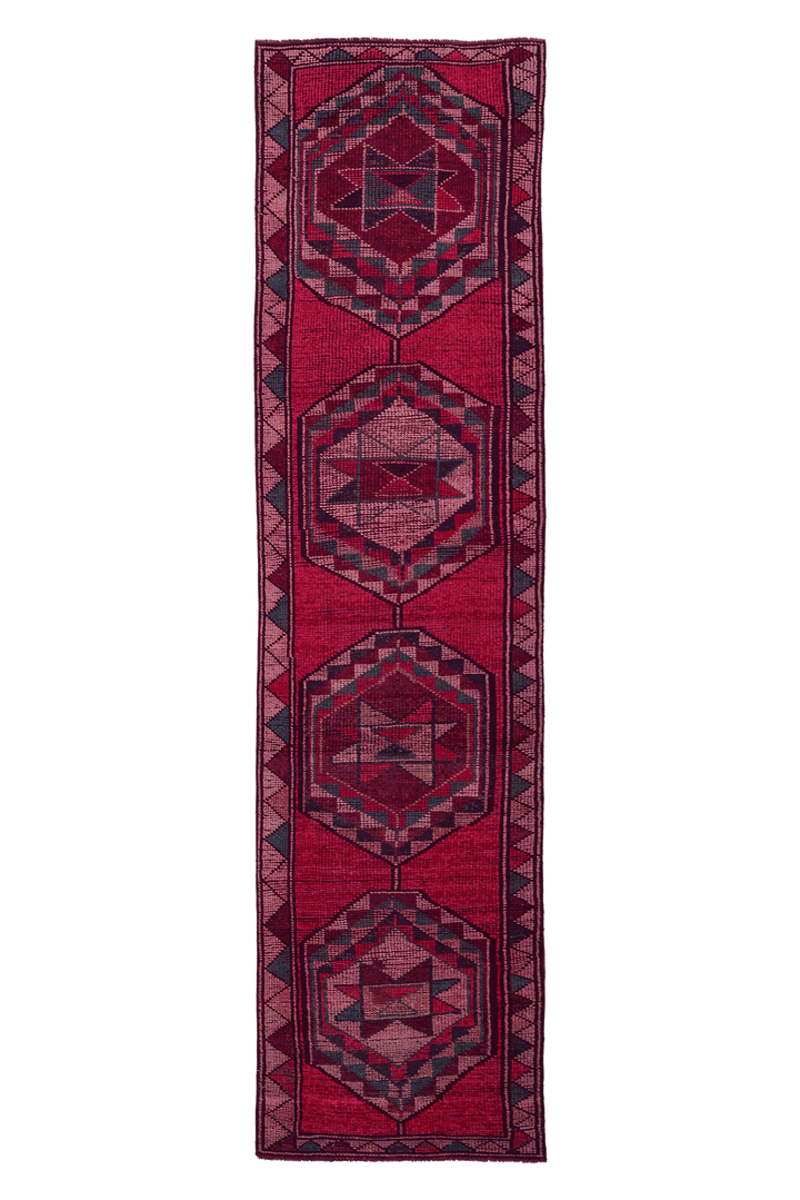 Vintage Southeastern Persian Style Runner Rug 3x11 ft — Red & Pink Geometric