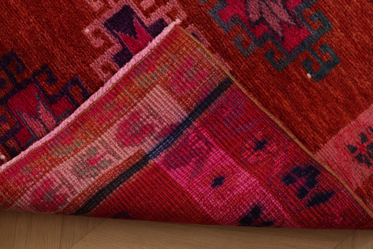 Vintage Southeastern Persian Style Runner Rug 3x13 ft — Red & Pink Geometric