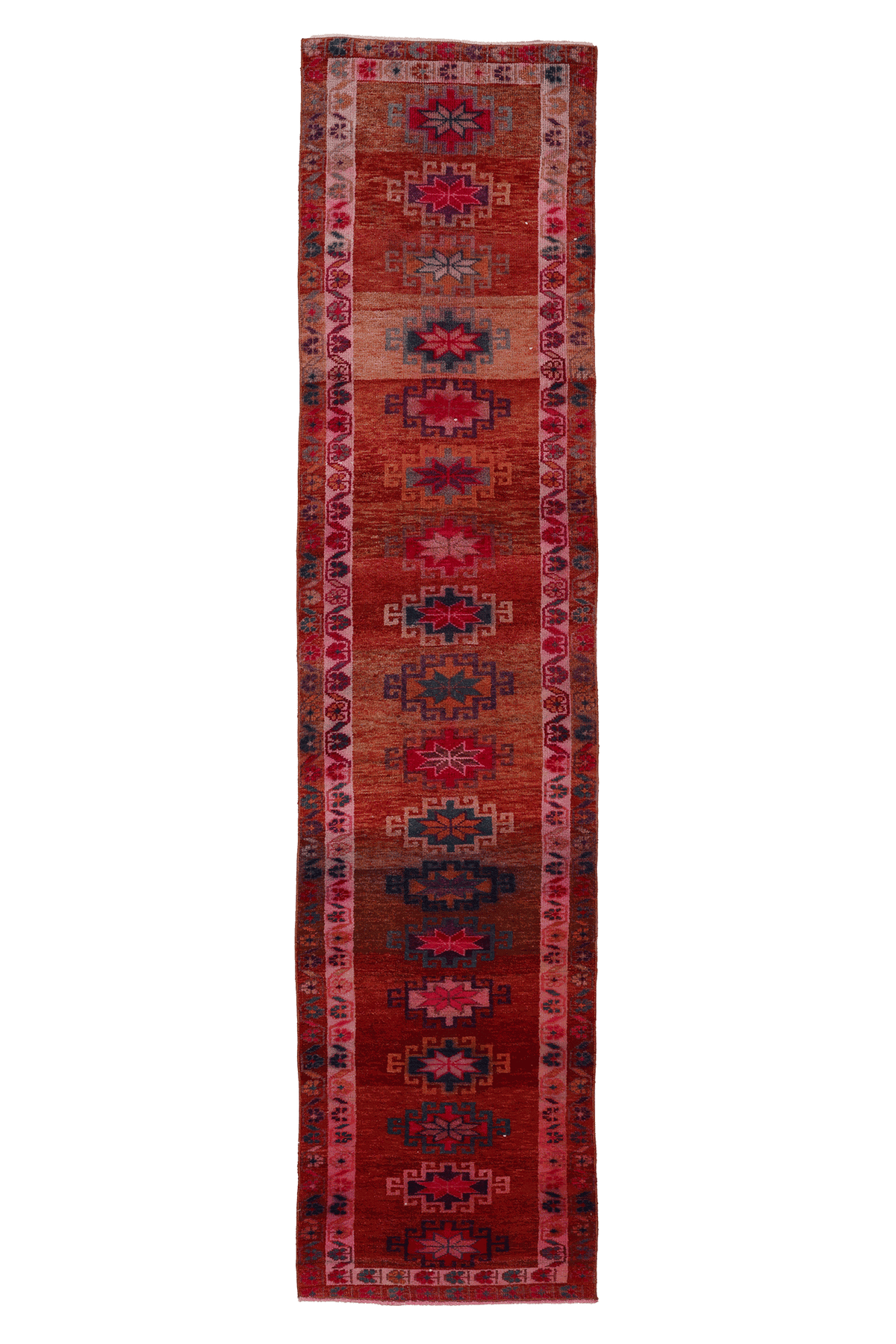 Vintage Southeastern Persian Style Runner Rug 3x13 ft — Red & Pink Geometric