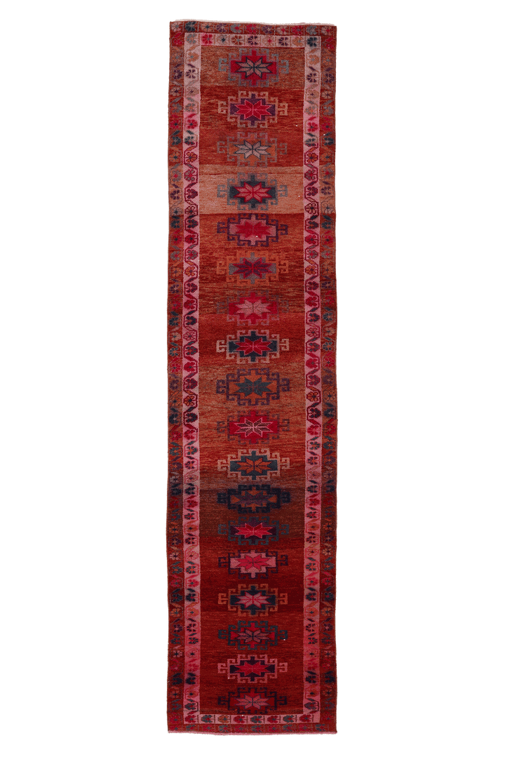 Vintage Southeastern Persian Style Runner Rug 3x13 ft — Red & Pink Geometric