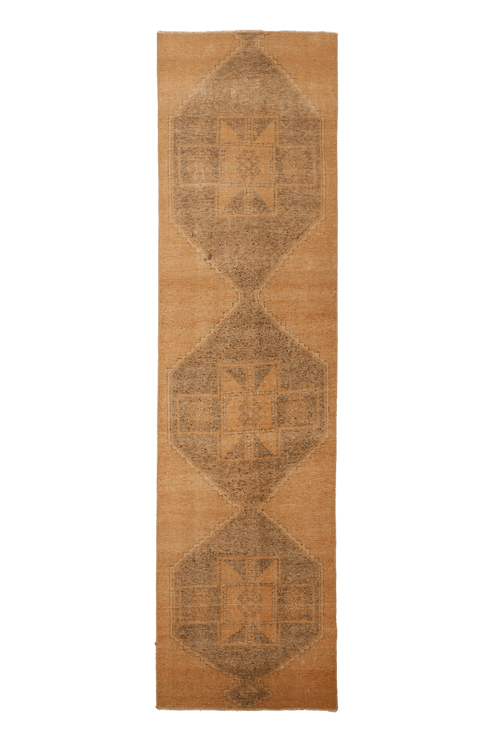 Vintage Malatya Turkish Runner Rug 3x12 ft — Orange & Brown Geometric