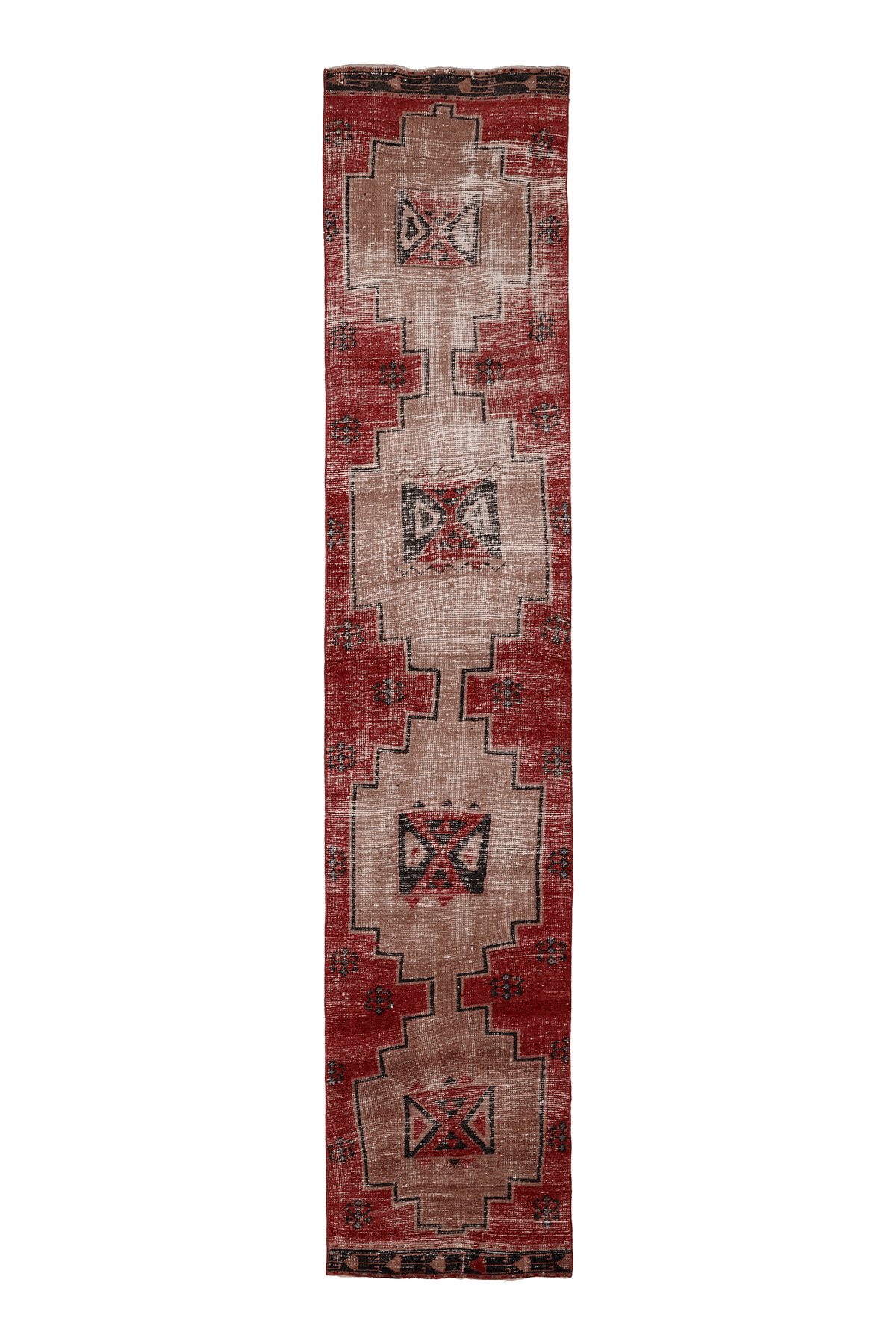 Vintage Malatya Turkish Runner Rug 3x14 ft — Red & Beige Geometric
