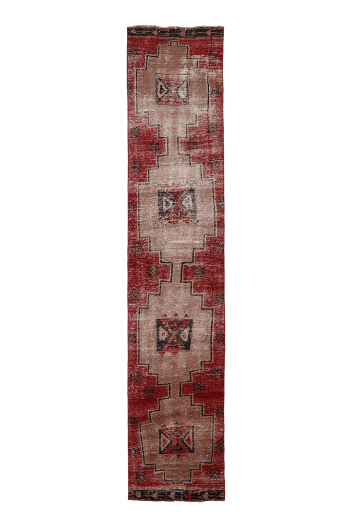 Vintage Malatya Turkish Runner Rug 3x14 ft — Red & Beige Geometric