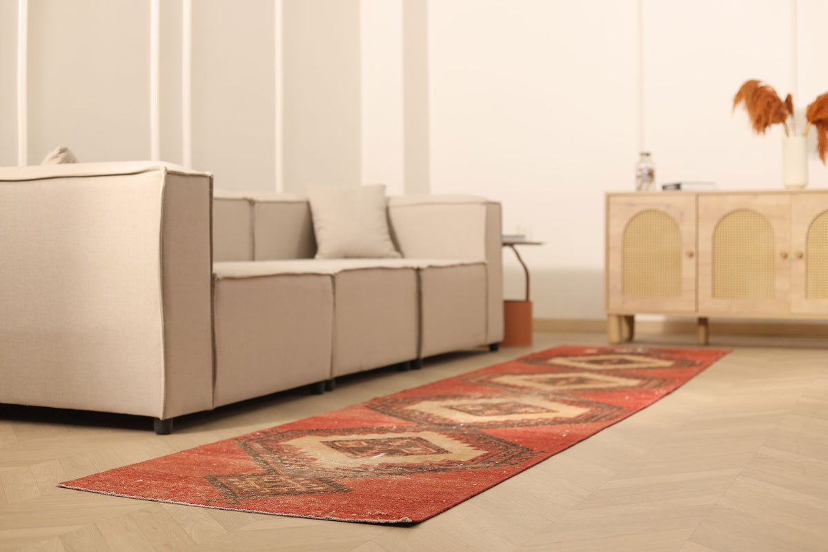 Vintage Malatya Turkish Runner Rug 3x13 ft — Red & Beige Geometric