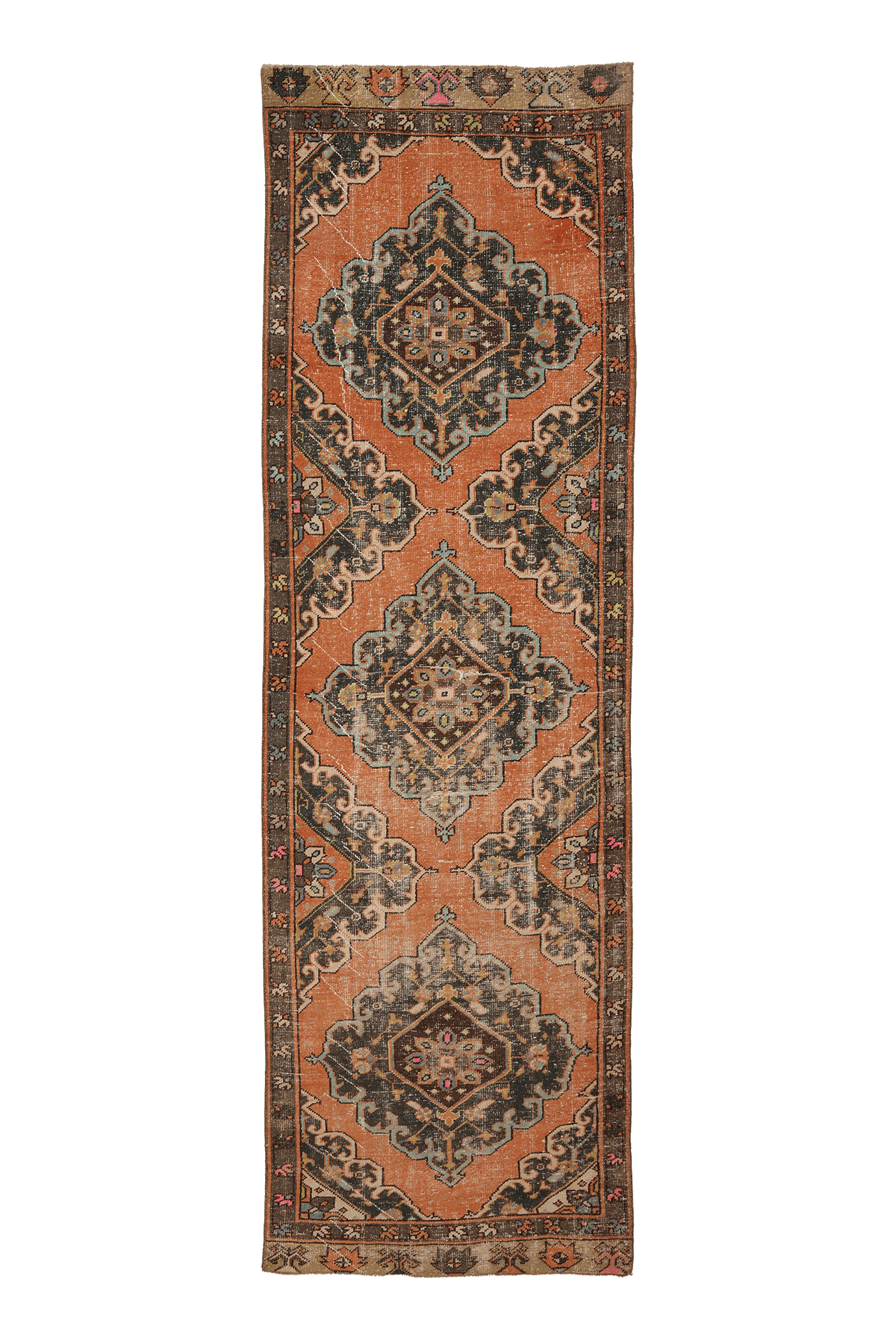 Vintage Konya Turkish Runner Rug 3x11 ft — Orange & Brown Distressed