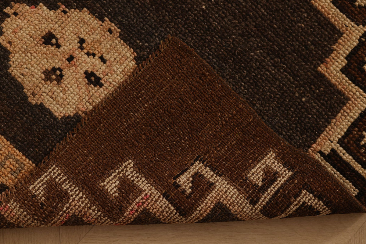 Vintage Kars Turkish Runner Rug 3x6 ft — Brown & Beige Geometric