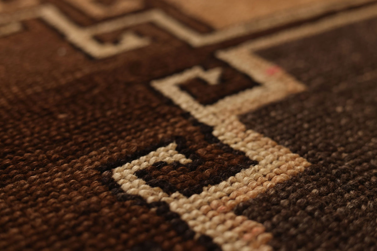 Vintage Kars Turkish Runner Rug 3x6 ft — Brown & Beige Geometric