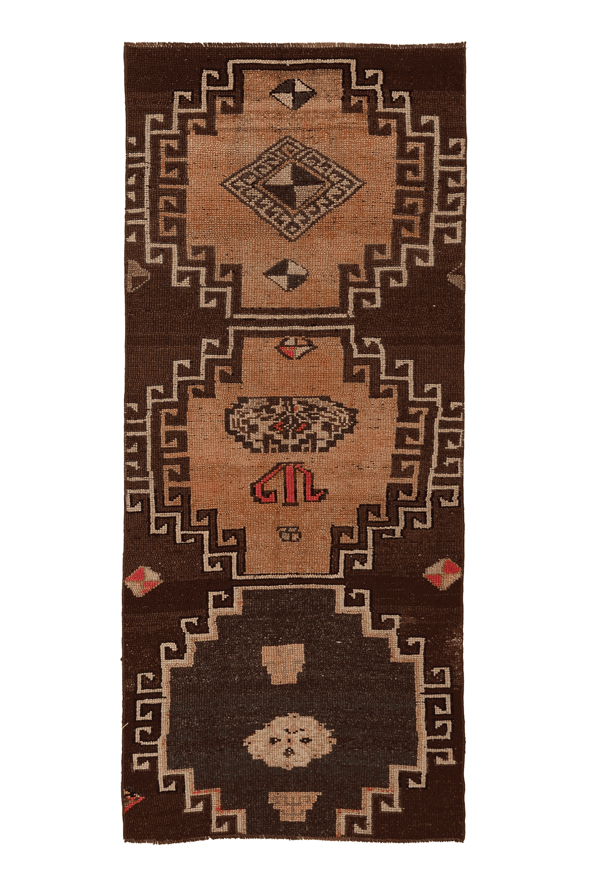 Vintage Kars Turkish Runner Rug 3x6 ft — Brown & Beige Geometric