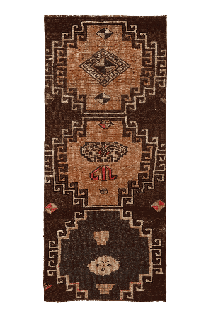 Vintage Kars Turkish Runner Rug 3x6 ft — Brown & Beige Geometric