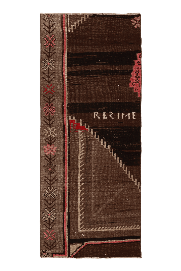 Vintage Kars Turkish Runner Rug 3x6 ft — Brown & Pink Geometric