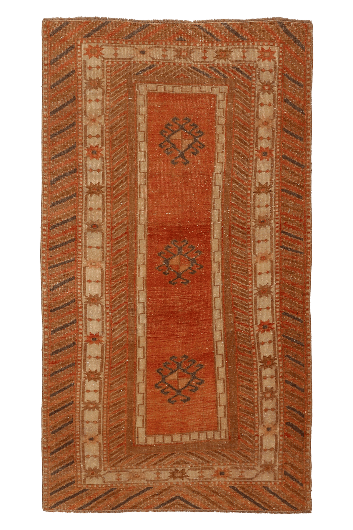 Vintage Malatya Turkish Runner Rug 3x5 ft — Orange & Brown Geometric