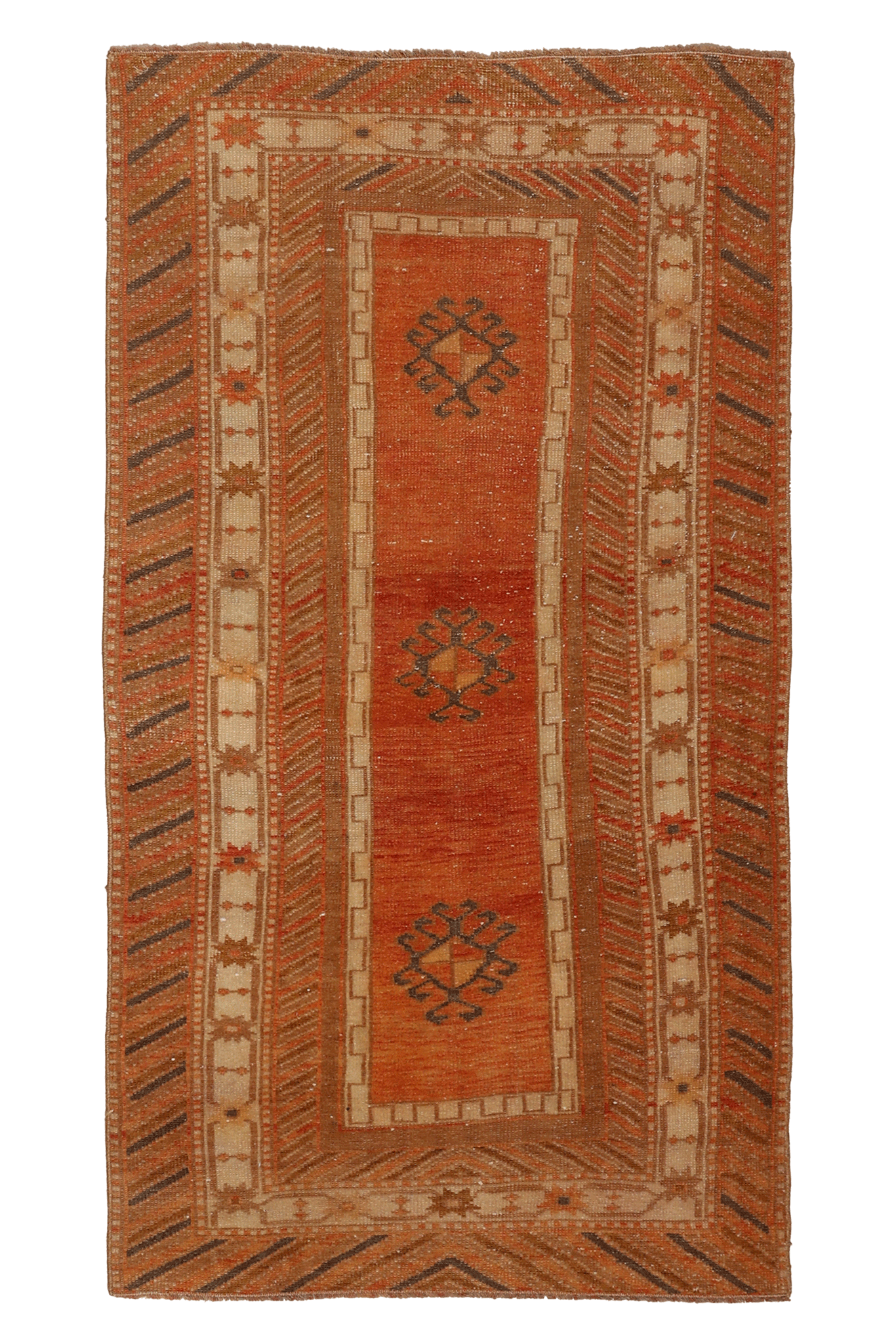 Vintage Malatya Turkish Runner Rug 3x5 ft — Orange & Brown Geometric
