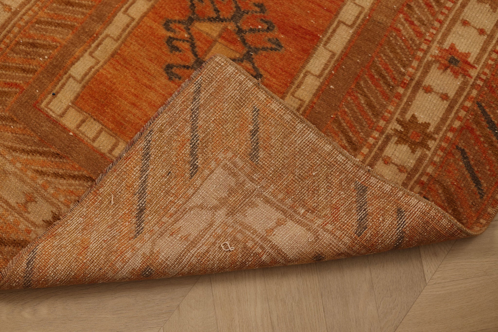 Vintage Malatya Turkish Runner Rug 3x5 ft — Orange & Brown Geometric