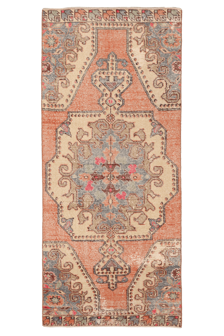 Vintage Nevşehir Turkish Runner Rug 3x7 ft — Orange & Beige Floral