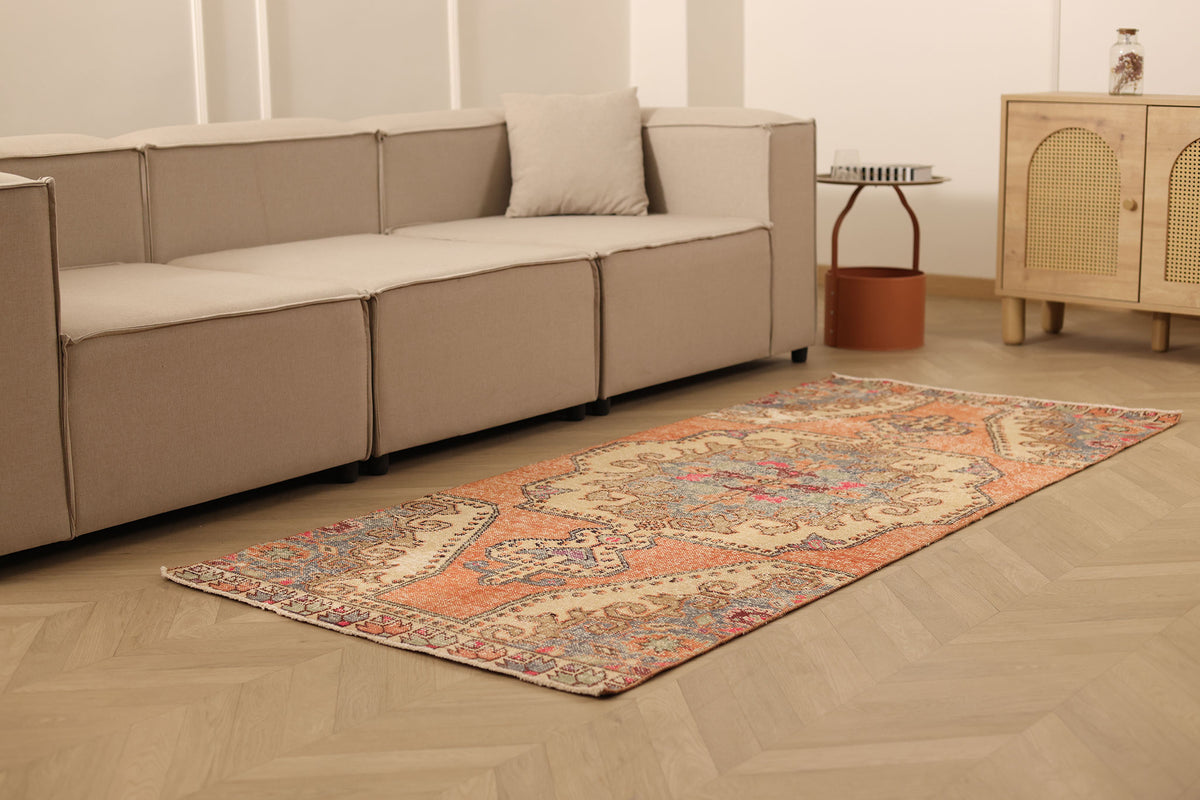 Vintage Nevşehir Turkish Runner Rug 3x7 ft — Orange & Beige Floral