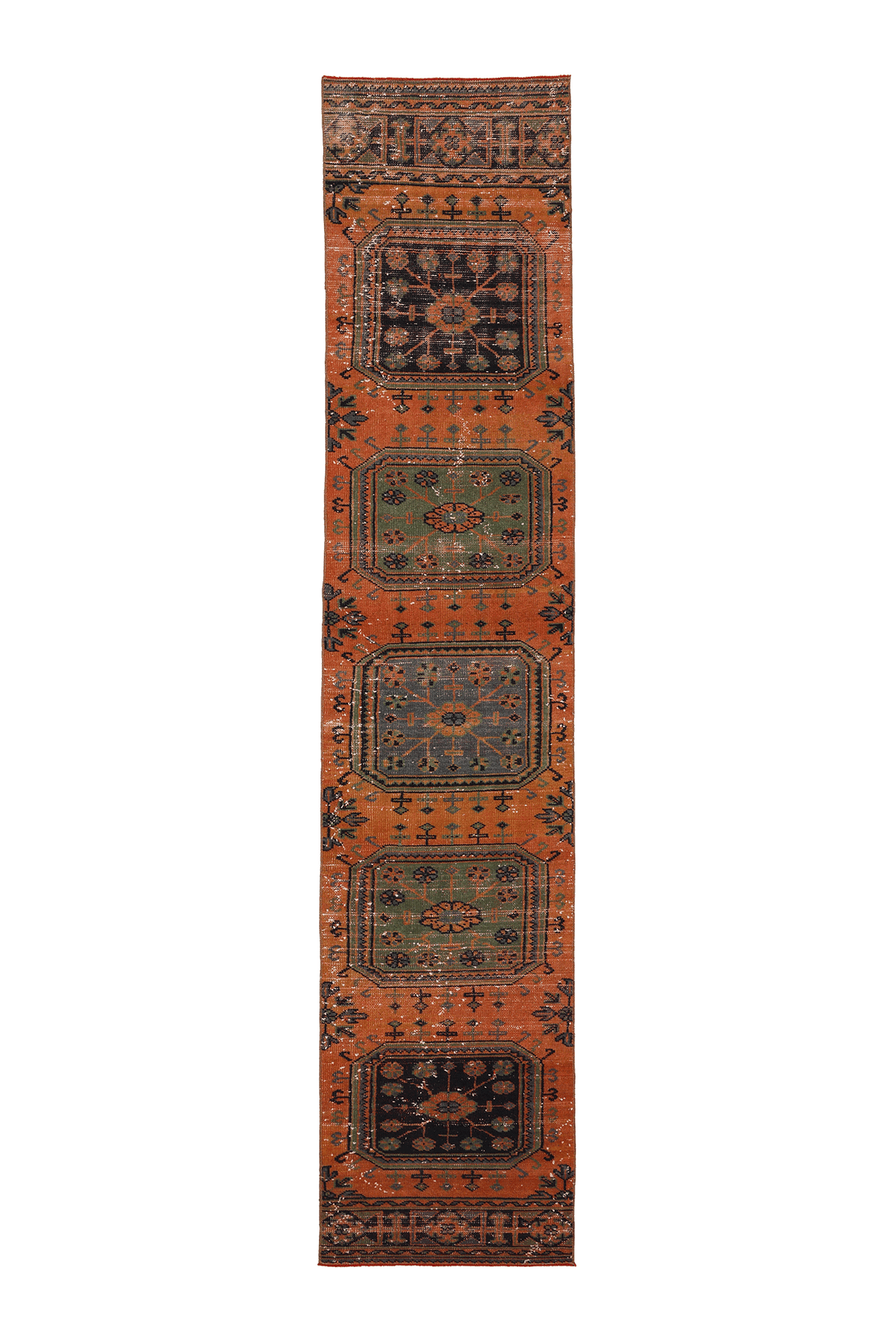 Vintage Konya Turkish Runner Rug 2x11 ft — Orange & Green Geometric (No. 26897)