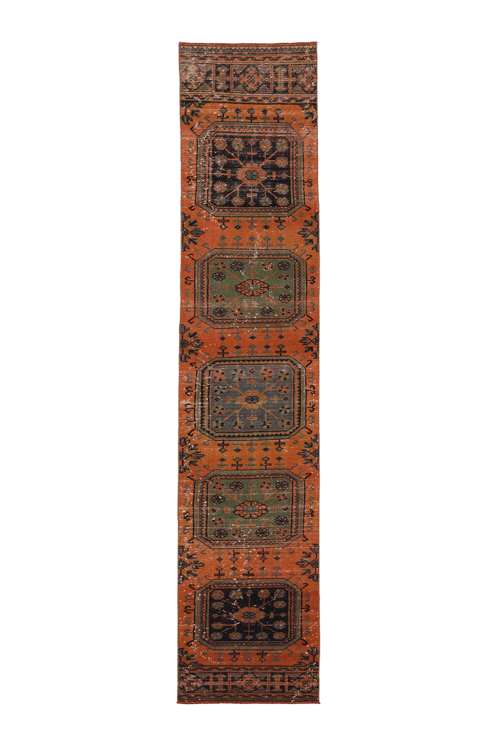 Vintage Konya Turkish Runner Rug 2x11 ft — Orange & Green Geometric (No. 26897)