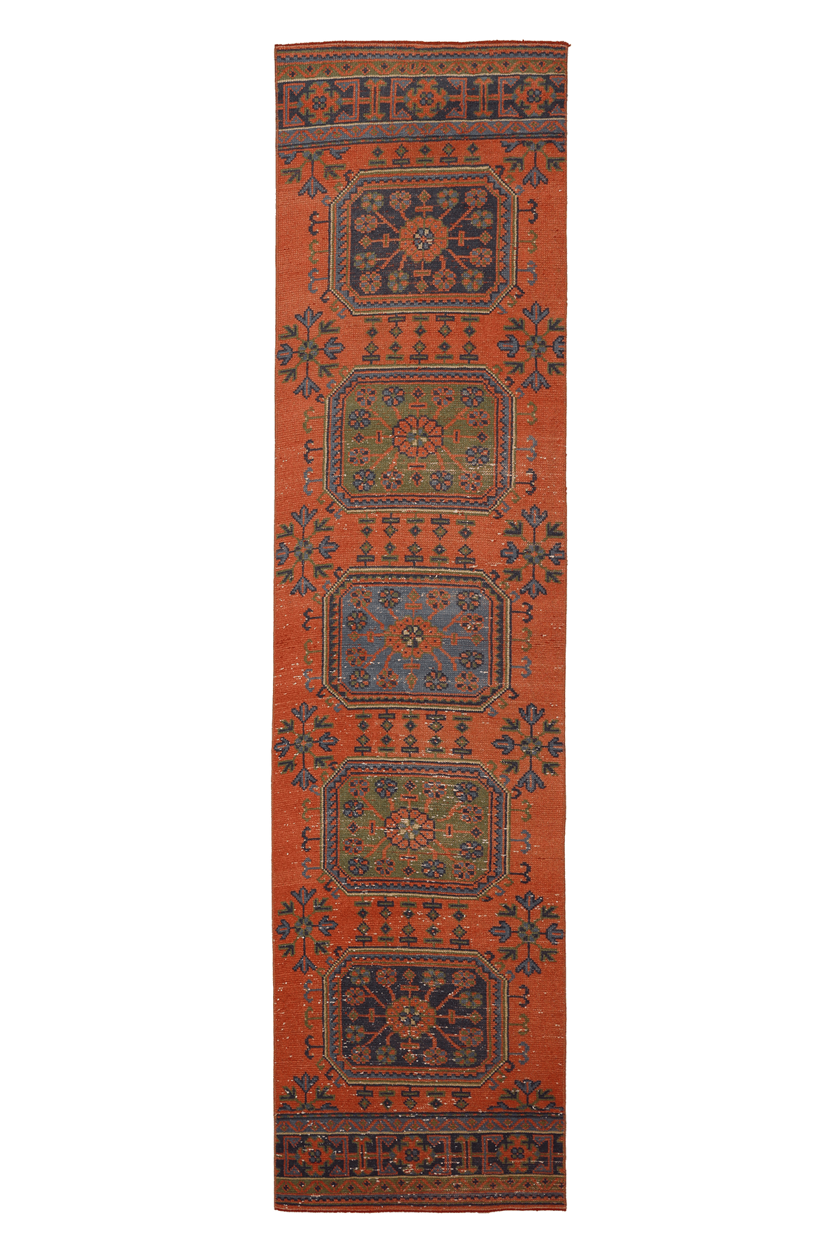 Vintage Konya Turkish Runner Rug 2x10 ft — Orange & Brown Geometric (No. 26920)