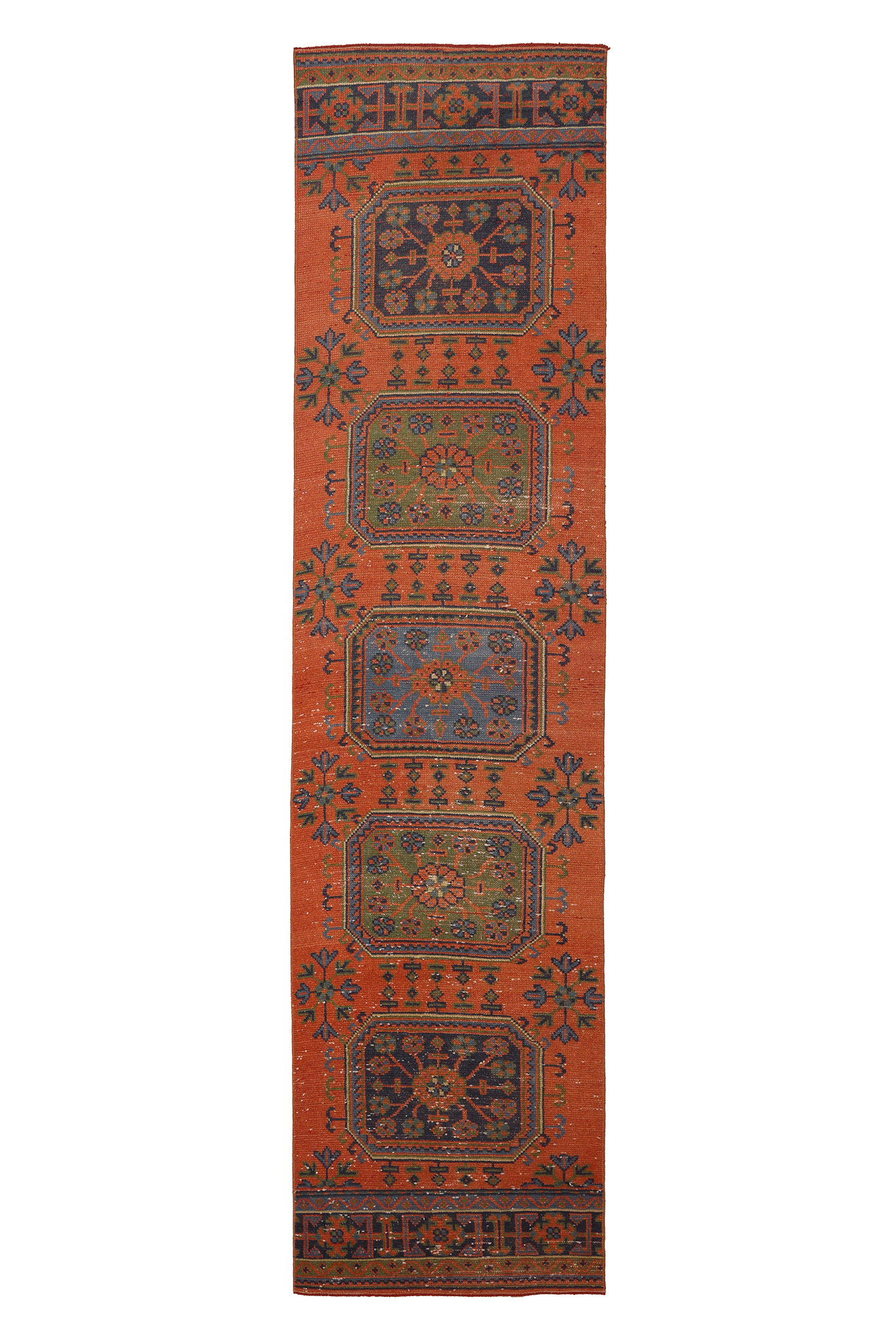 Vintage Konya Turkish Runner Rug 2x10 ft — Orange & Brown Geometric (No. 26920)
