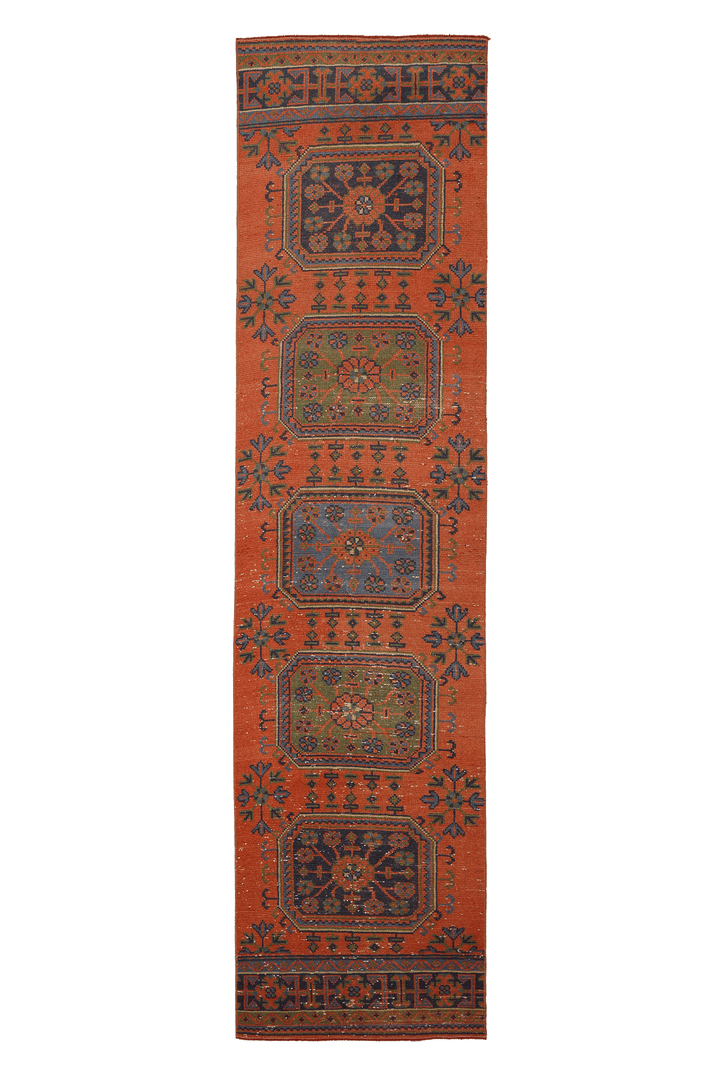 Vintage Konya Turkish Runner Rug 2x10 ft — Orange & Brown Geometric (No. 26920)