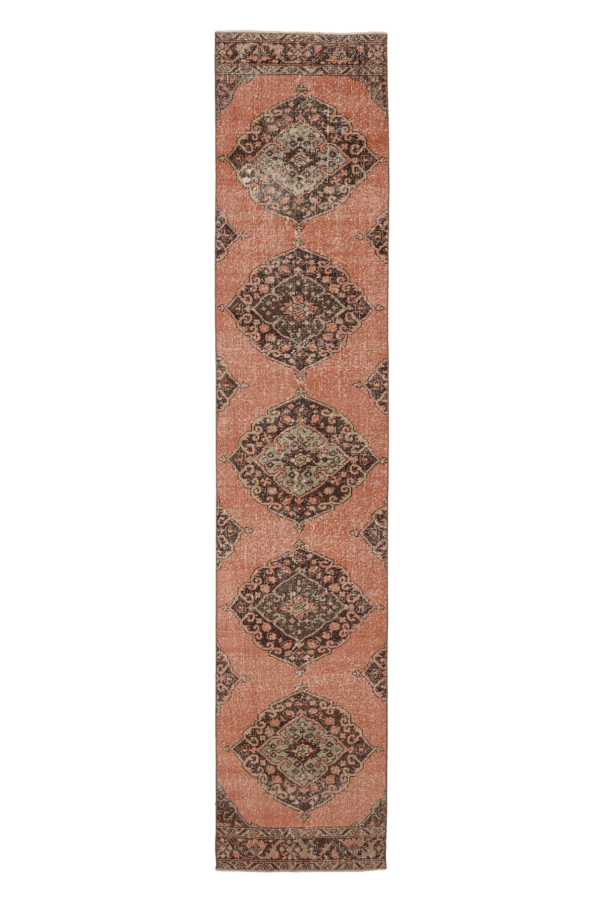 Vintage Konya Turkish Runner Rug 2x13 ft — Orange & Brown Geometric