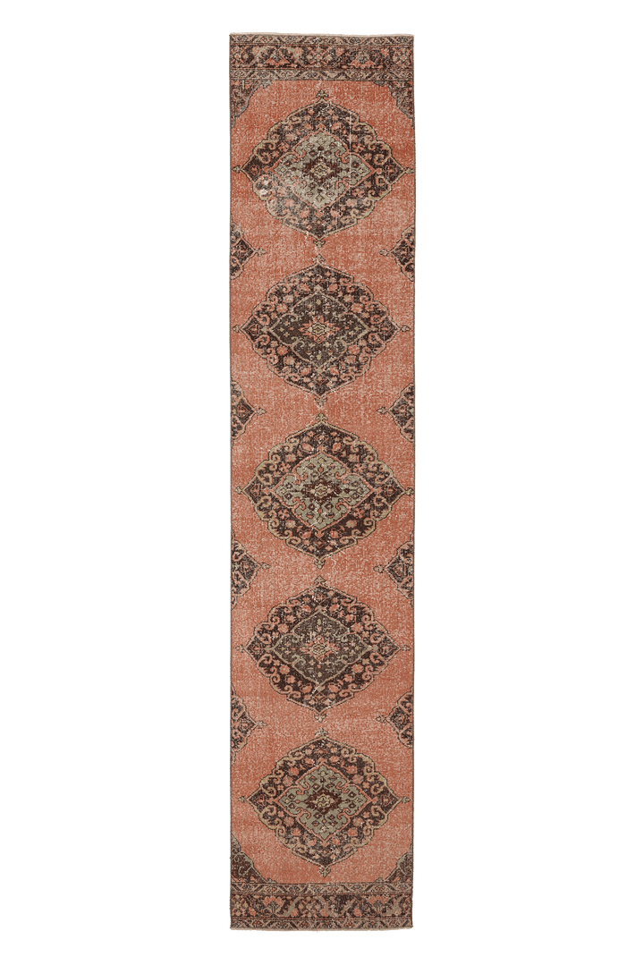 Vintage Konya Turkish Runner Rug 2x13 ft — Orange & Brown Geometric