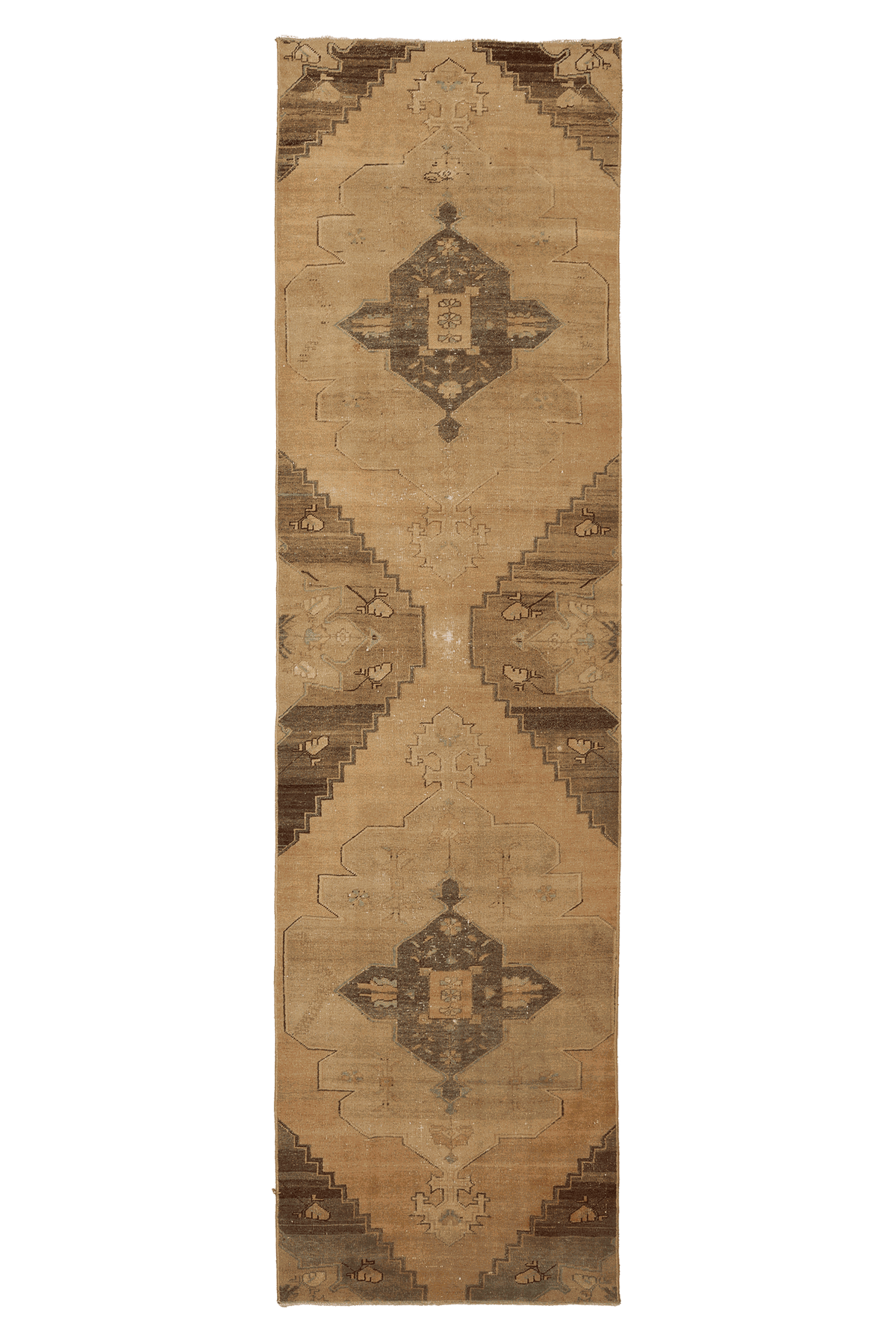 Vintage Malatya Turkish Runner Rug 3x12 ft — Brown & Beige Geometric