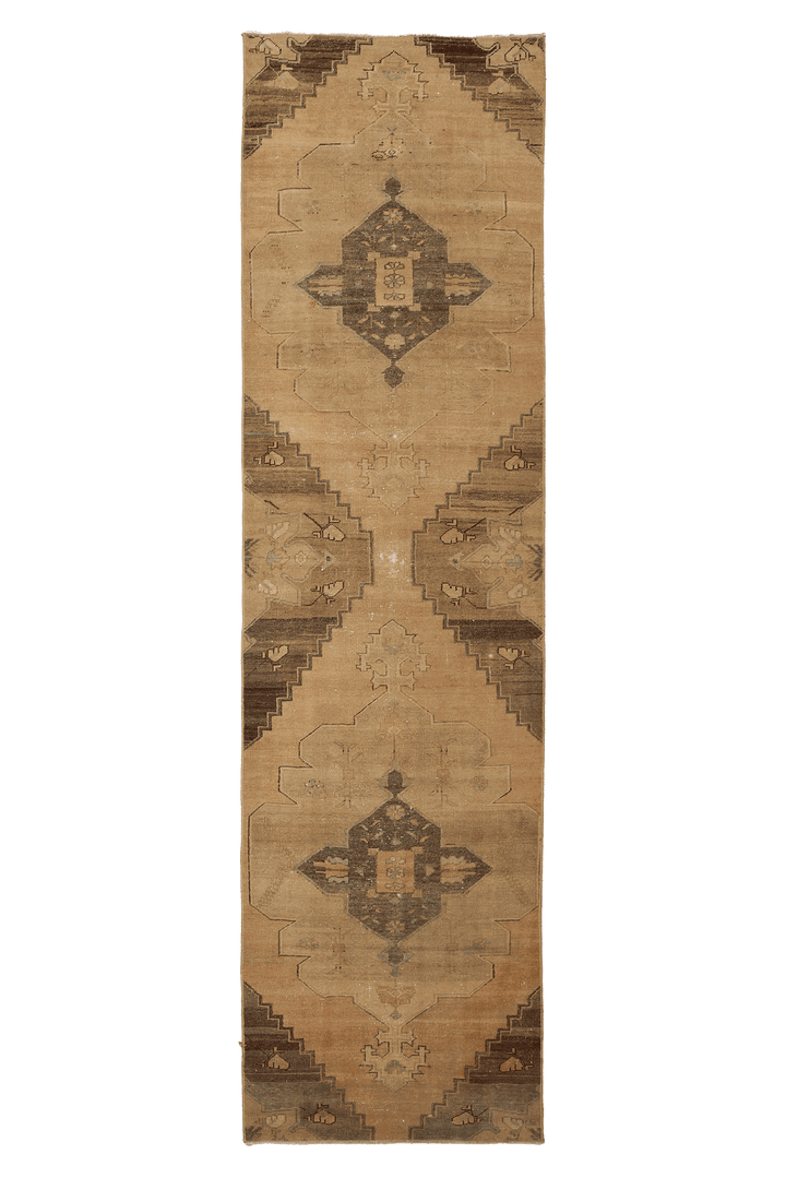 Vintage Malatya Turkish Runner Rug 3x12 ft — Brown & Beige Geometric
