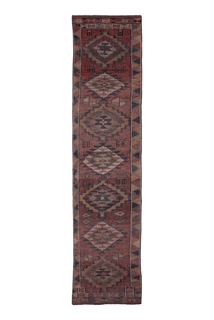 Vintage Southeastern Persian Style Runner Rug 2x11 ft — Red & Brown Geometric