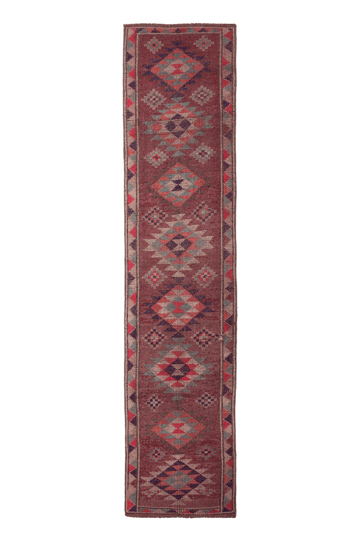 Vintage Southeastern Persian Style Runner Rug 2x11 ft — Red & Brown Geometric