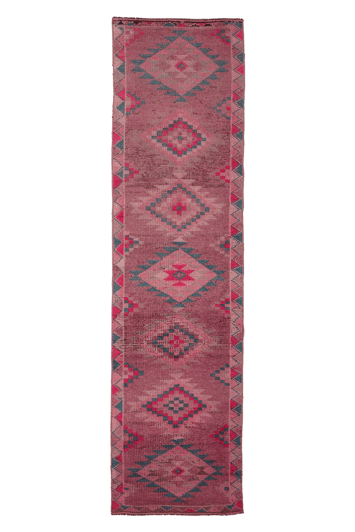 Vintage Southeastern Persian Style Runner Rug 3x11 ft — Pink & Red Geometric