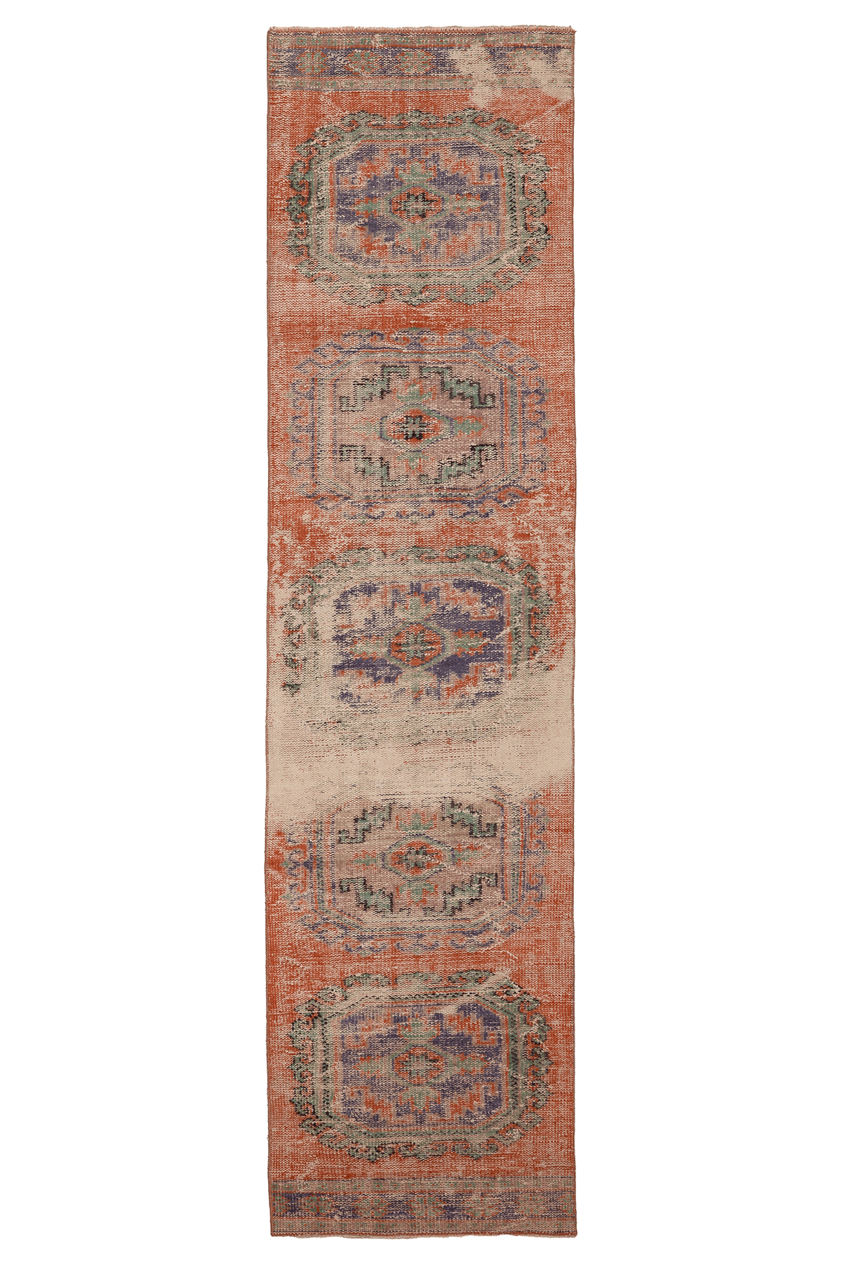 Vintage Manisa Turkish Runner Rug 2x11 ft — Orange & Blue Distressed
